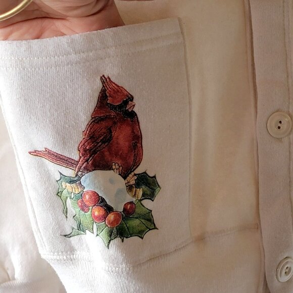 Vintage 90s Jerzees Cream Cardigan With Festive Cardinal & Holly Print Design - Picture 7 of 14